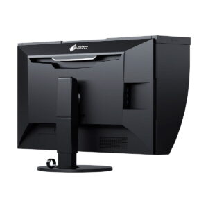 Eizo_31_1_ColorEdge_CG319X_17_9_Hardware_Calibration_IPS_Monitor_006 Eizo 31,1" ColorEdge CG319X 17:9 Hardware Calibration IPS -näytön takaosa on musta, ja sen sivuille ja yläosaan on kiinnitetty jalusta, tuuletusritilät ja kaareva varjostin. Tuotemerkin logo näkyy vasemmassa yläkulmassa.