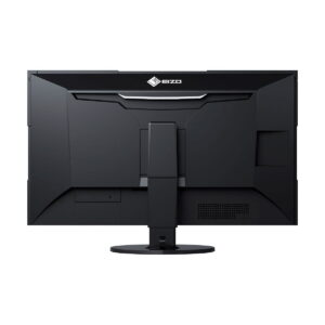 Eizo_31_1_ColorEdge_CG319X_17_9_Hardware_Calibration_IPS_Monitor_007 Eizo 31,1" ColorEdge CG319X 17:9 Hardware Calibration IPS -näytön takanäkymä mustana pyöreällä jalustalla, jossa näkyy sen takapaneeli, jossa on tuuletusritilät ja Eizo-logo keskellä yläreunassa.