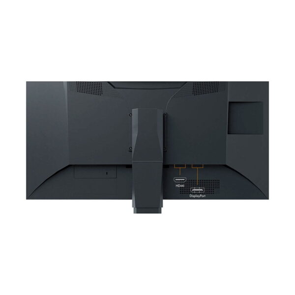 Eizo_31_1_ColorEdge_CG319X_17_9_Hardware_Calibration_IPS_Monitor_011 Eizo 31,1" ColorEdge CG319X 17:9 Hardware Calibration IPS -näytön takanäkymä, jossa näkyvät merkityt HDMI- ja DisplayPort-portit sekä keskeinen jalustakiinnitys. Monitorissa on tyylikäs musta muotoilu.