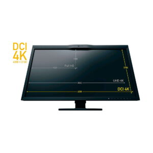 Eizo_31_1_ColorEdge_CG319X_17_9_Hardware_Calibration_IPS_Monitor_013 Eizo 31,1" ColorEdge CG319X -näytön Full HD (1920x1080), UHD 4K (3840x2160) ja DCI 4K (4096x2160) -resoluutioiden vertailu, jossa on merkittyjä viivoja ja keltaista tekstiä, joka korostaa DCI 4K:ta.