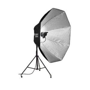 The Elinchrom Rotalux 150cm Indirect Softbox is a large black and silver octagonal studio lighting softbox mounted on a wheeled base.