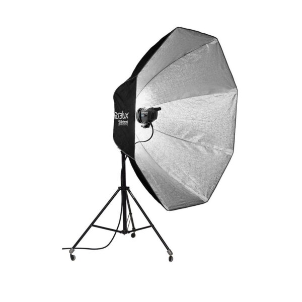 The Elinchrom Rotalux 150cm Indirect Softbox is a large black and silver octagonal studio lighting softbox mounted on a wheeled base.
