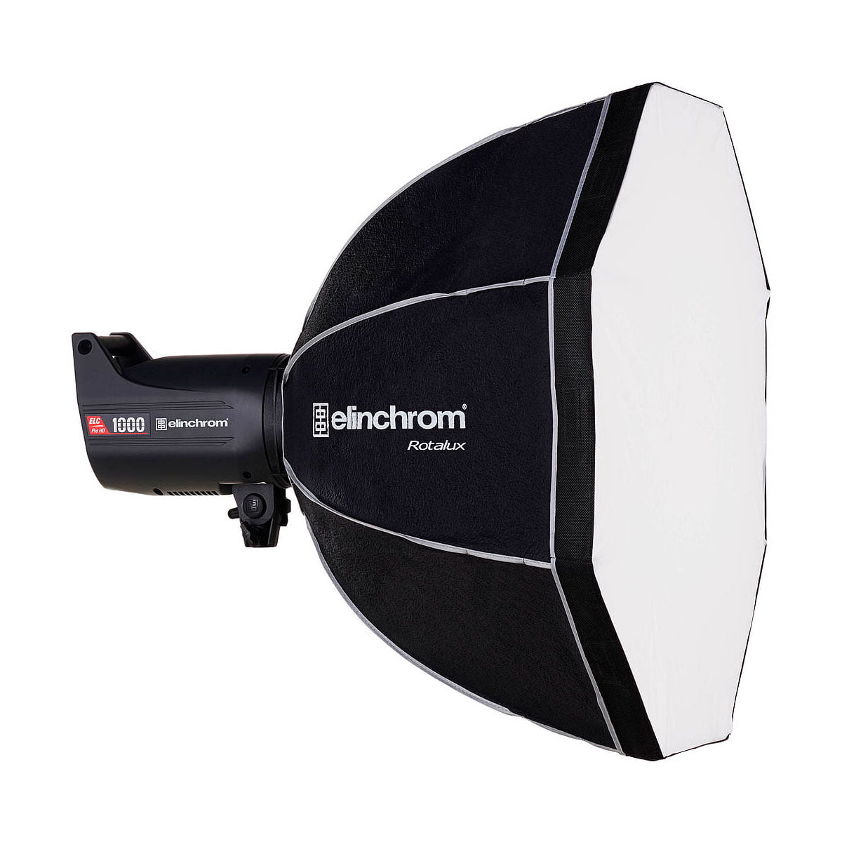 Studiostroboskooppivalaisin, johon on kiinnitetty Elinchrom Rotalux Deep Octabox 70cm softbox-diffuusori, jossa näkyy Elinchromin tuotemerkki ja Rotalux-mallin nimi kahdeksankulmaisessa softboxissa.