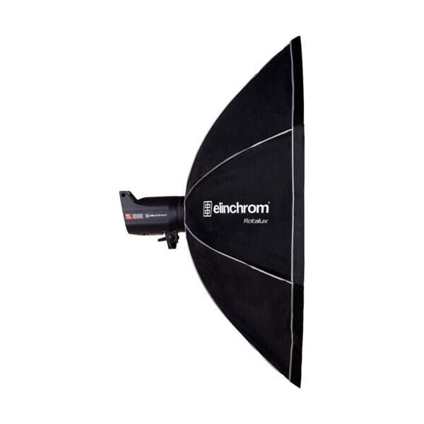 Studio strobe luminaire with a large black Elinchrom Rotalux Octabox 135cm softbox attached, shown from the side against a white background.