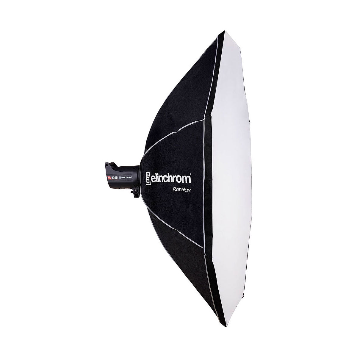 Elinchrom Rotalux Octabox 175cm, mustavalkoinen, salamalaite kiinnitettynä, on kuvattu valkoista taustaa vasten.