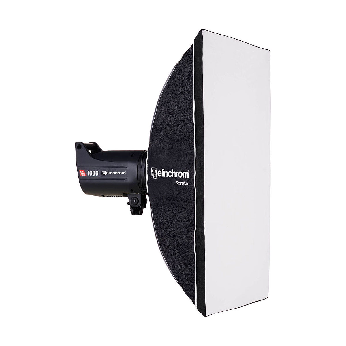 Musta Elinchrom-stroboskooppivalaisin, johon on kiinnitetty vaakasuoraan valkoinen Elinchrom Rotalux Rectabox 60 x 80cm softbox ammattimaiseen valokuvausvalaistukseen.