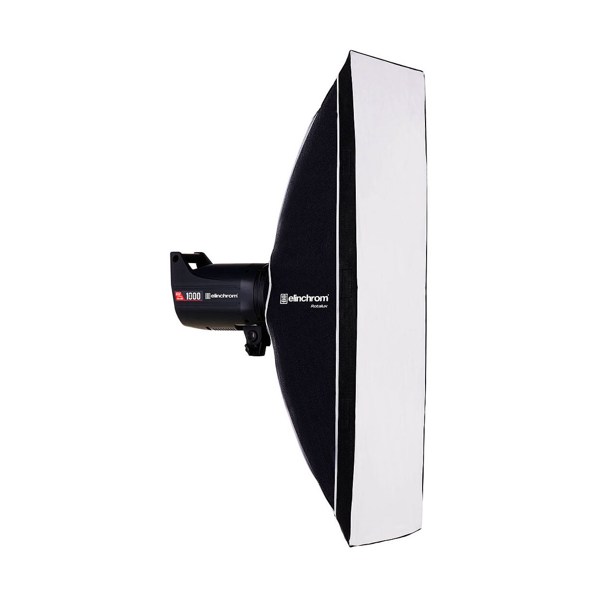 The side view of the Elinchrom Rotalux Stripbox 35x100cm studio luminaire shows its black exterior and white front, and the luminaire unit bears the Elinchrom brand.