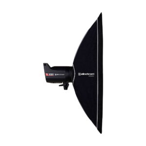 The black Elinchrom Rotalux Stripbox 35x100cm studio strobe is shown from the side with a rectangular softbox attached against a white background.