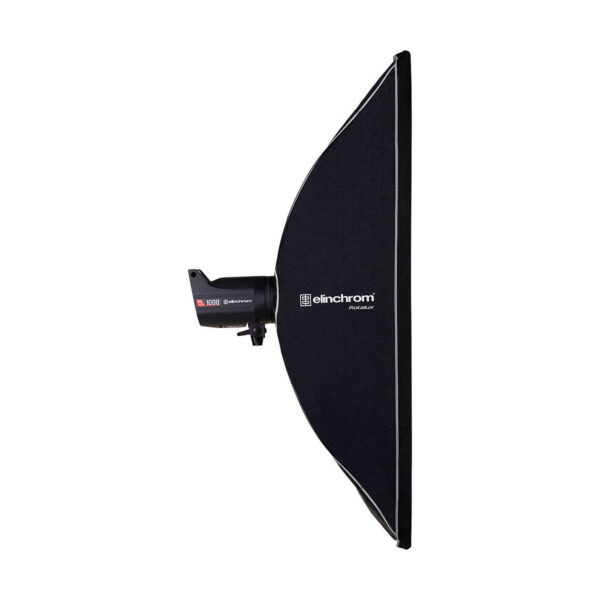 Elinchrom_Rotalux_Stripbox_50x130cm_002 The Elinchrom Rotalux Stripbox 50x130cm is mounted on a black studio strobe luminaire, and is shown in profile against a white background.