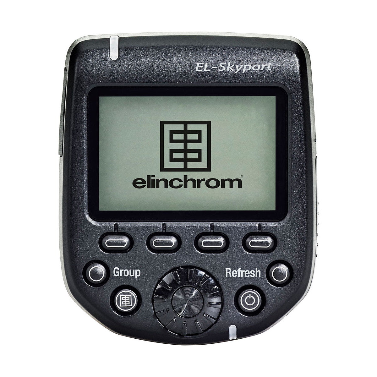 Musta Elinchrom Transmitter Pro - Canon, jossa on Elinchromin logon näyttävä näyttö ja viisi merkittyä ohjauspainiketta ryhmää ja päivitystä varten.