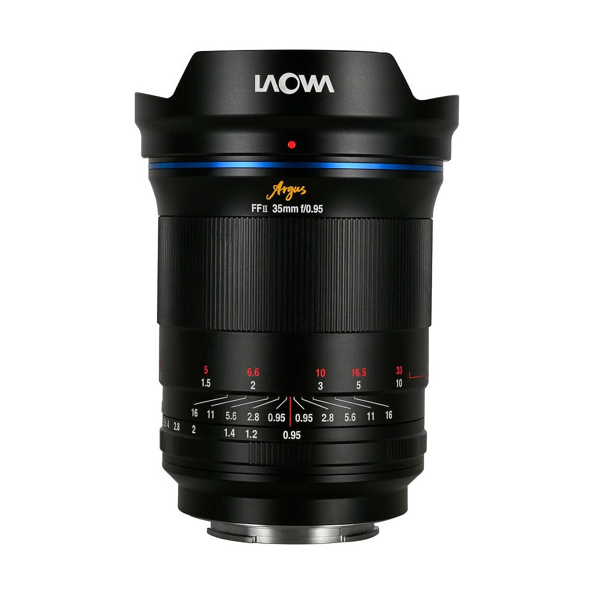 The Laowa Argus 35mm f/0.95 FF - Sony-E lens with black body, blue ring and red and white markings is upright against a white background.