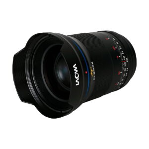 The Laowa Argus 35mm f/0.95 FF for Sony-E is a wide angle lens with a large front element, black body, blue accent ring and white/red aperture and focus markings.