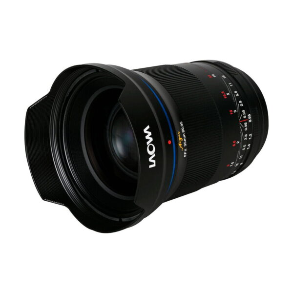 The Laowa Argus 35mm f/0.95 FF for Sony-E is a wide angle lens with a large front element, black body, blue accent ring and white/red aperture and focus markings.