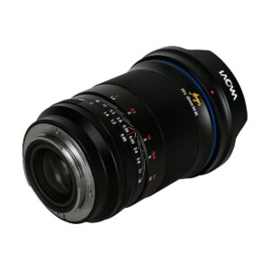 The Laowa Argus 35mm f/0.95 FF - Sony-E lens is black with a blue accent ring and white and red aperture and focus markings against a white background.