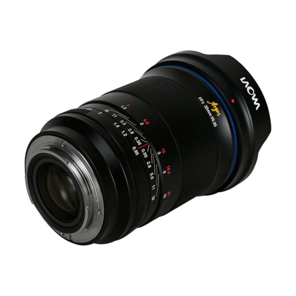 The Laowa Argus 35mm f/0.95 FF - Sony-E lens is black with a blue accent ring and white and red aperture and focus markings against a white background.