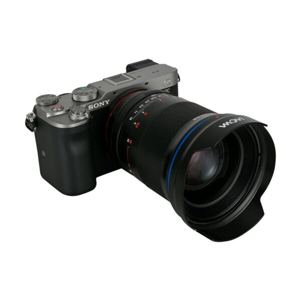 A digital Sony camera with a Laowa Argus 35mm f/0.95 FF - Sony-E lens with top dials, buttons and a textured grip on the side is shown on a white background.