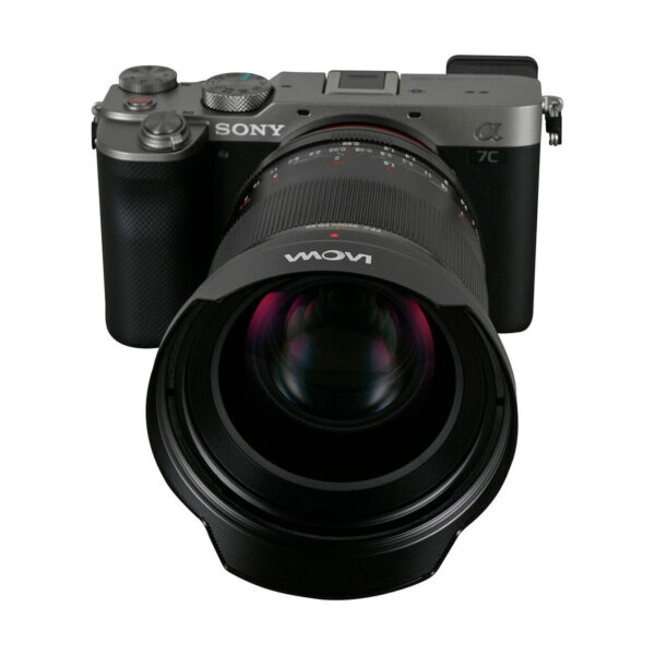 Front view of Sony Alpha 7C mirrorless camera with Laowa Argus 35mm f/0.95 FF lens (Sony-E mount), visible lens and controls at the top of the camera.
