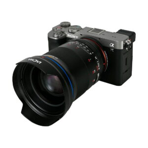 Sony Alpha 7C mirrorless digital camera with a Laowa Argus 35mm f/0.95 FF (Sony-E mount) lens attached, in a white background. The compact black body features a variety of dials and buttons.