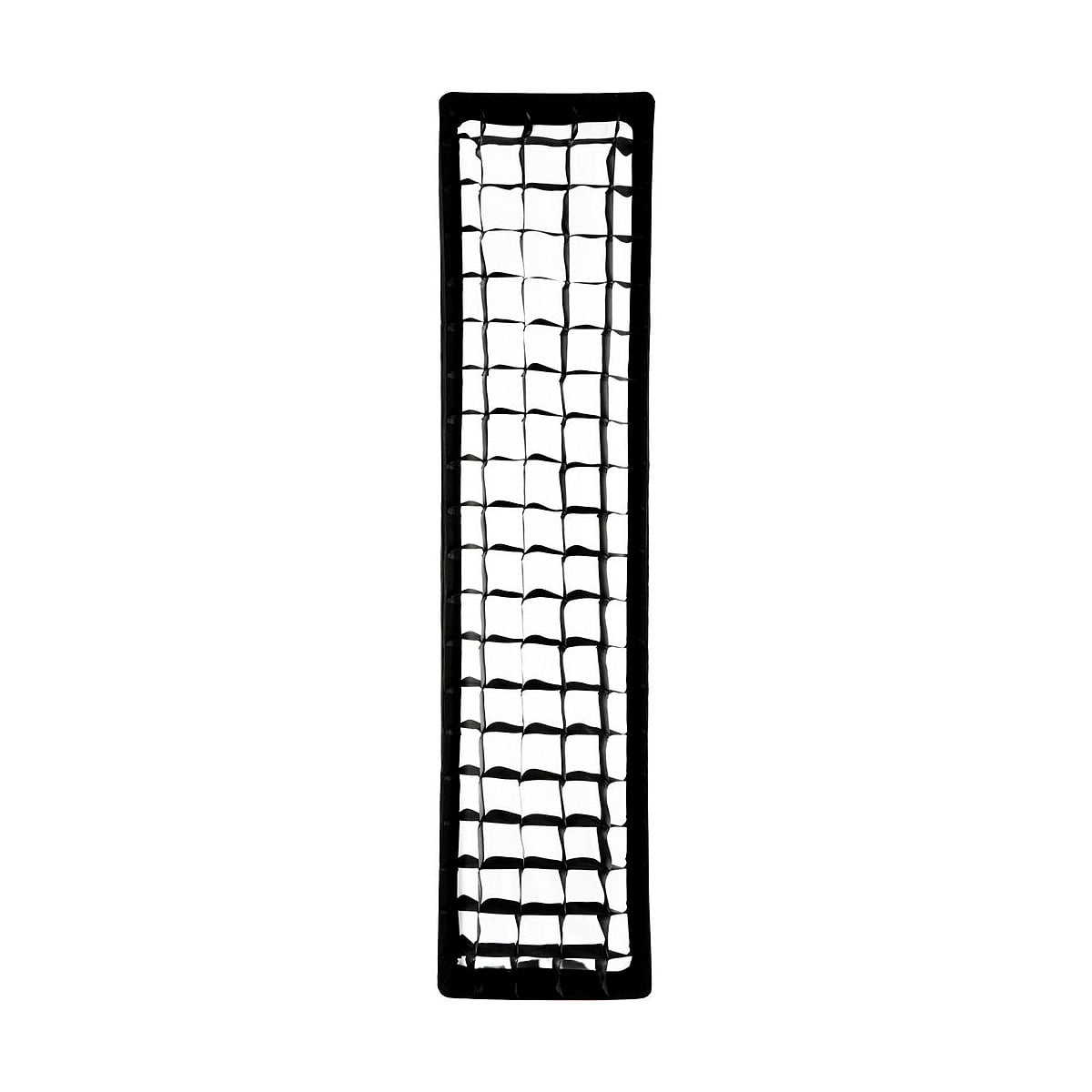 Profoto OFC Softgrid 1 x 4 Stripille on suorakaiteen muotoinen musta verkkoruutu, jossa on paksu reuna ja tasaisin välein olevat neliönmuotoiset aukot valkoista taustaa vasten.