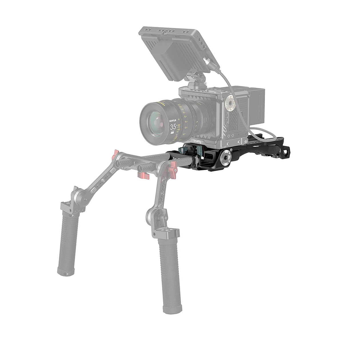 The picture shows a camera rig equipped with the SmallRig 2837 Shoulder Pad Pro, with a monitor, lens and accessories mounted; the handles and shoulder pad appear in a pale grey.