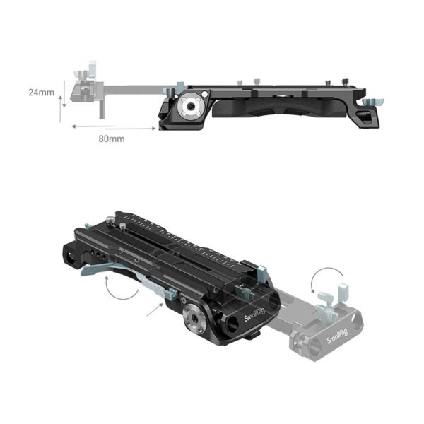 Kaavio mustasta SmallRig 2837 Shoulder Pad Pro -peruslevystä, jossa korostuvat säädettävät osat, joiden mitat on merkitty 24 mm:n ja 80 mm:n mitoilla; siniset nuolet osoittavat liikuteltavat osat ja kierto-ominaisuudet.