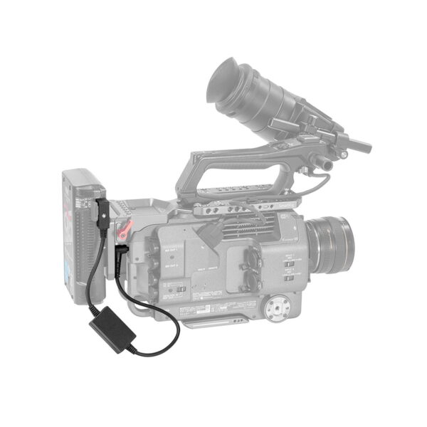 SmallRig_2932_Sony_FX9_FX6_19_5V_Output_D-Tap_Power_Cable_002 Professional video camera with SmallRig 2932 Sony FX9 & FX6 19.5V D-Tap power cord and battery adapter in focus, with the rest of the camera hidden and less visible.