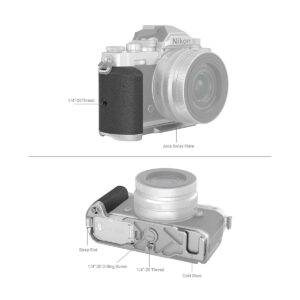 Kaavio SmallRig 3480 L-muotoisesta kahvasta asennettuna Nikon Z fc -kameraan. Yläkuvassa korostuu 1/4-20-kierre ja alakuvassa hihna-aukko, 1/4-20-ruuvi, 1/4-20-kierre ja kylmäkenkä.