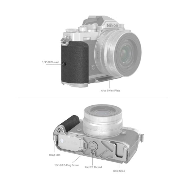 Kaavio SmallRig 3480 L-muotoisesta kahvasta asennettuna Nikon Z fc -kameraan. Yläkuvassa korostuu 1/4-20-kierre ja alakuvassa hihna-aukko, 1/4-20-ruuvi, 1/4-20-kierre ja kylmäkenkä.