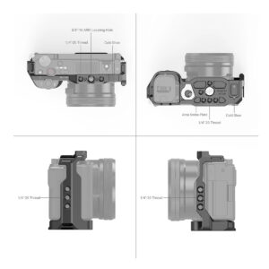 Kaavio, jossa näkyy SmallRig Cage for Sony ZV-E10 3531 asennettuna kameraan ja jossa korostuvat 1/4-20 ja 3/8-16 kierteet, ARRI-paikannusreikä, Arca Swiss -levy ja cold shoe -kiinnikkeet useista eri kulmista.
