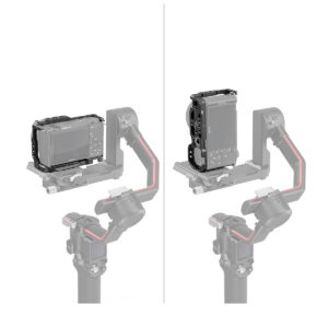 Kaksi näkymää SmallRig Cage for Sony ZV-E10 3531 -laitteelle asennetusta SmallRig Cage -laitteesta gimbaaliin takaapäin ja sivulta. Osittain läpinäkyvä kardaani korostaa kameran sijaintia ja suuntausta häkissä.
