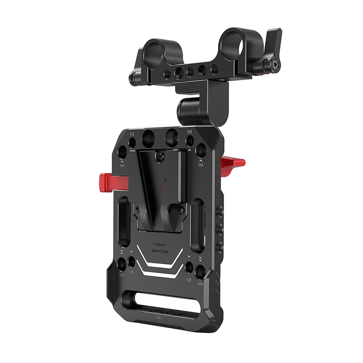 SmallRig 2991 V-Mount Battery Plate with Adjustable Arm -paristolevyssä on musta metallirakenne, useita kiinnitysreikiä, yläkahvan kiinnike ja punaiset säätönupit ammattimaiseen kamerakalustokäyttöön.