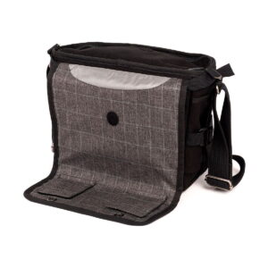 Think Tank Retrospective 20 V2.0 - Black is a black and grey messenger bag with a checkerboard patterned front flap. It has two internal pockets and an adjustable shoulder strap that appears on a white background.