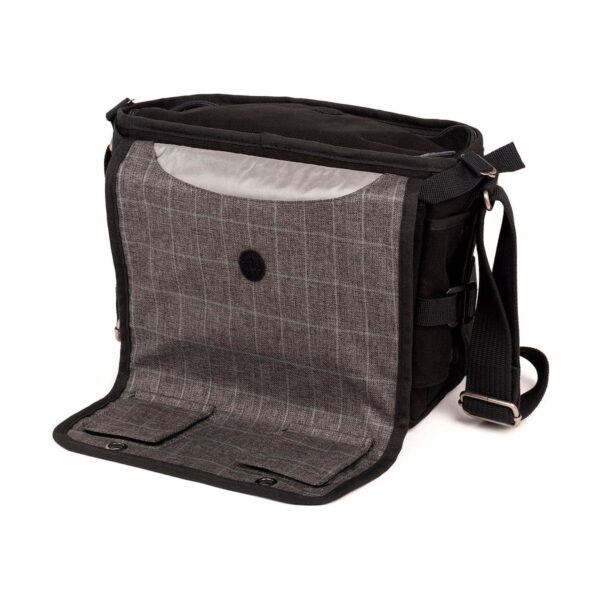 Think Tank Retrospective 20 V2.0 - Black is a black and grey messenger bag with a checkerboard patterned front flap. It has two internal pockets and an adjustable shoulder strap that appears on a white background.