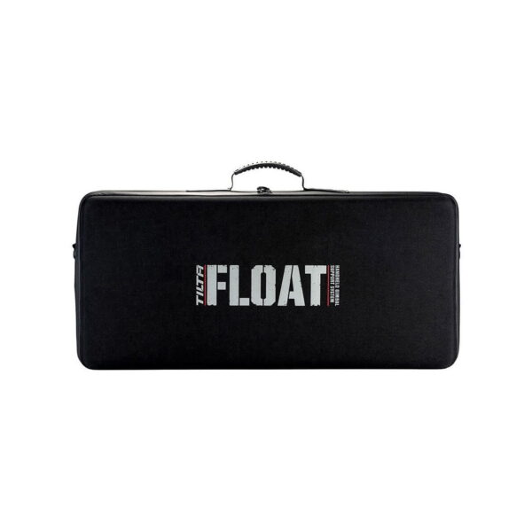 Musta suorakulmainen kantolaukku, jossa on yläkahva ja jonka etupuolelle on painettu valkoisella ja harmaalla "FLOAT" ja "Tilta Float (V-Mount)".