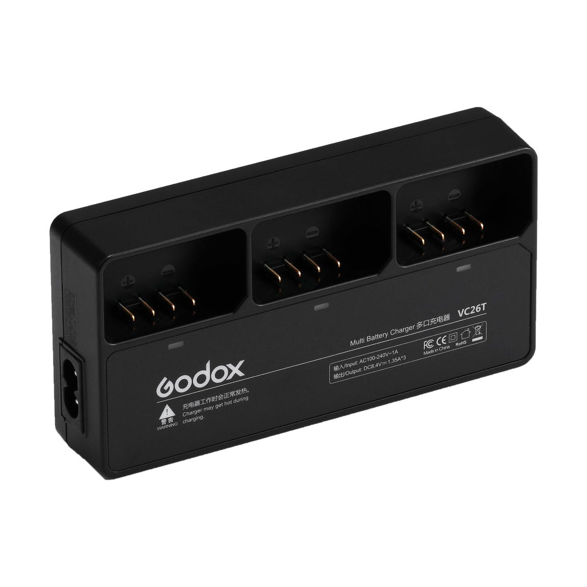 Musta Godox VC26T triplalaturi AD100 / Godox V1 -latauslaite, jossa on kolme latauspaikkaa, merkityt indikaattorit ja vasemmanpuoleinen pistorasia, joka on suunniteltu kameran akuille.