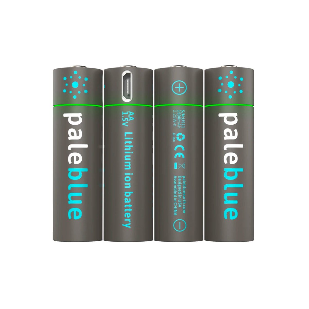 Four light blue rechargeable AA Li-ion batteries are arranged in a vertical row, each with a brand name, specifications and a micro USB charging port.