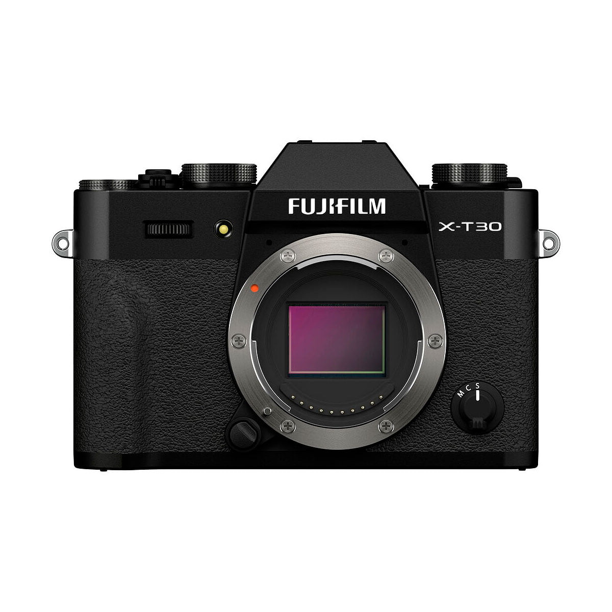 Fujifilm X-T30 II Musta -digitaalikameran mustan rungon etukuva ilman objektiivia, jossa näkyy kenno, kahva ja säätimet valkoista taustaa vasten.