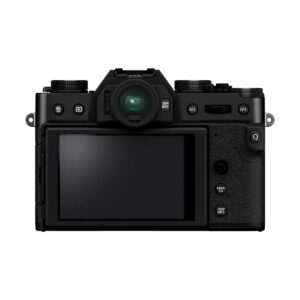 The Fujifilm X-T30 II Black is a black digital camera with LCD screen, buttons, dials, electronic viewfinder and textured right-hand grip.