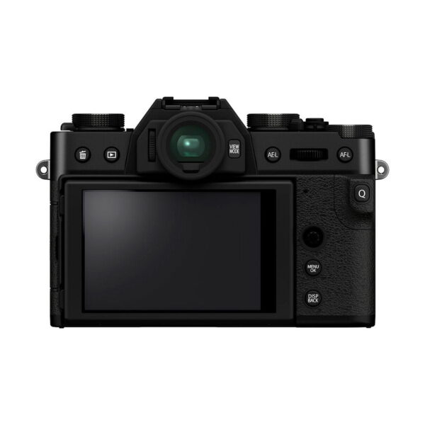 The Fujifilm X-T30 II Black is a black digital camera with LCD screen, buttons, dials, electronic viewfinder and textured right-hand grip.