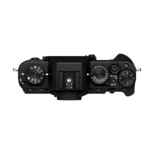 Fujifilm X-T30 II Top view of the black body showing controls, shutter button, hot shoe mount and textured right-hand grip. The mode and exposure compensation controls are clearly visible.