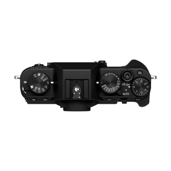 Fujifilm X-T30 II Top view of the black body showing controls, shutter button, hot shoe mount and textured right-hand grip. The mode and exposure compensation controls are clearly visible.