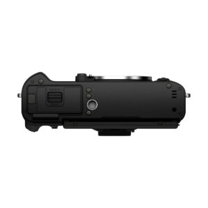 Top view of the body of the Fujifilm X-T30 II Black digital camera, with lens mount, battery compartment and various buttons and controls.