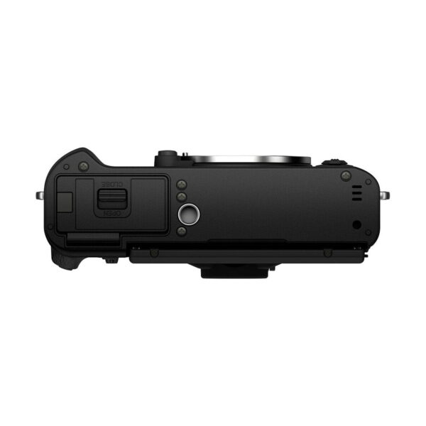 Top view of the body of the Fujifilm X-T30 II Black digital camera, with lens mount, battery compartment and various buttons and controls.