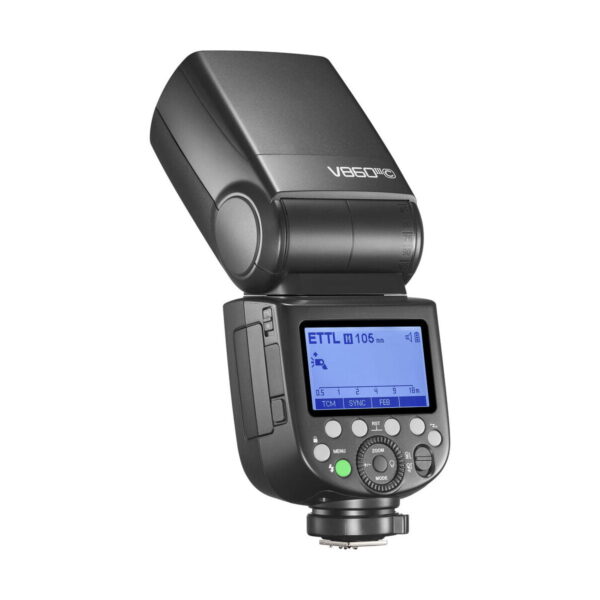 Mustassa Godox Ving V860 III TTL -salama Canon kameroille on digitaalinen näyttö, säätöpainikkeet ja kääntyvä pää, kuvattuna valkoisella taustalla.