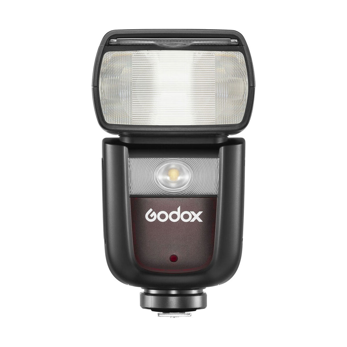 Godox Ving V860 III TTL-salama Canon-kameroille, musta, jossa on suuri suorakulmainen pää ja Godoxin logon alla pyöreä LED, kuvattu valkoista taustaa vasten.