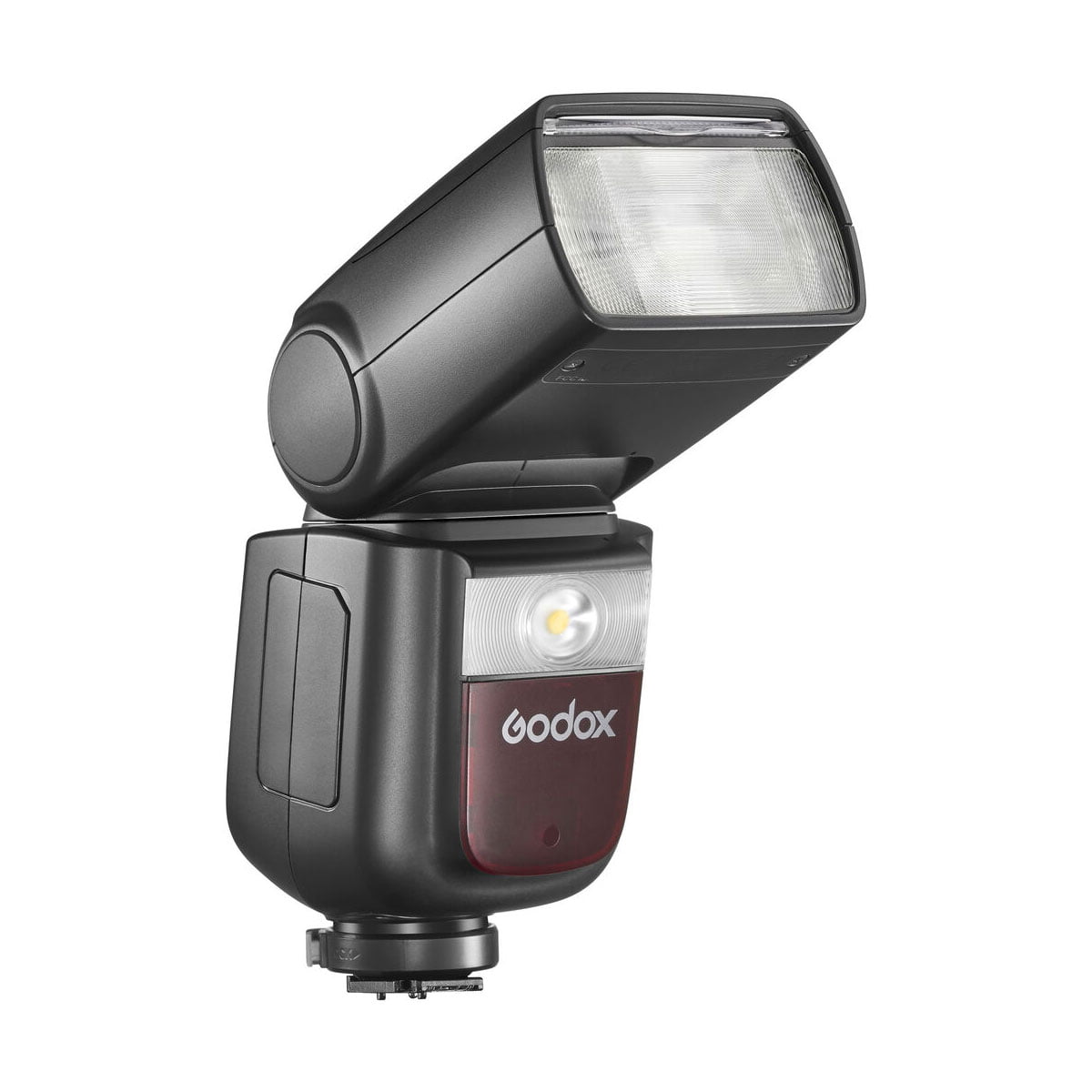 Musta Godox Ving V860 III TTL-salama Panasonic/Olympus-kameroille, jossa on kallistettava pää, suorakaiteen muotoinen salamapaneeli ja Godoxin logo etupuolella valkoista taustaa vasten.