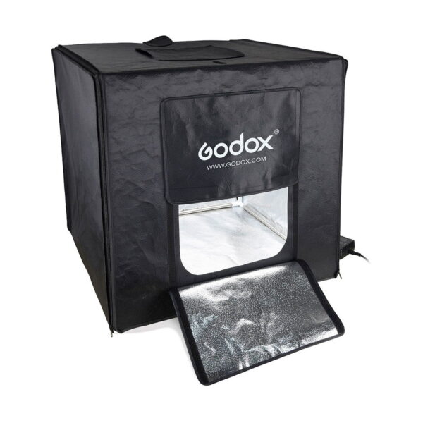 Godox_LST40_002 The black Godox LST40 - Photo Tent Portable Light Box has a reflective interior, an open front flap with the Godox logo and website, and a carrying handle on top.