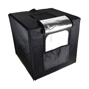 Godox_LST40_005 Godox LST40 - The Godox LST40 is a black, cube-shaped, portable lightbox tent with top handle, zippered front opening and a reflective silver flap that partially covers the window.