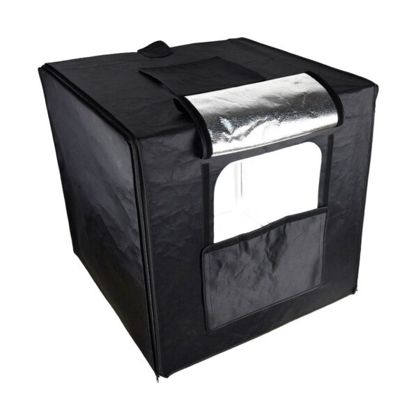 Godox_LST40_005 Godox LST40 - The Godox LST40 is a black, cube-shaped, portable lightbox tent with top handle, zippered front opening and a reflective silver flap that partially covers the window.