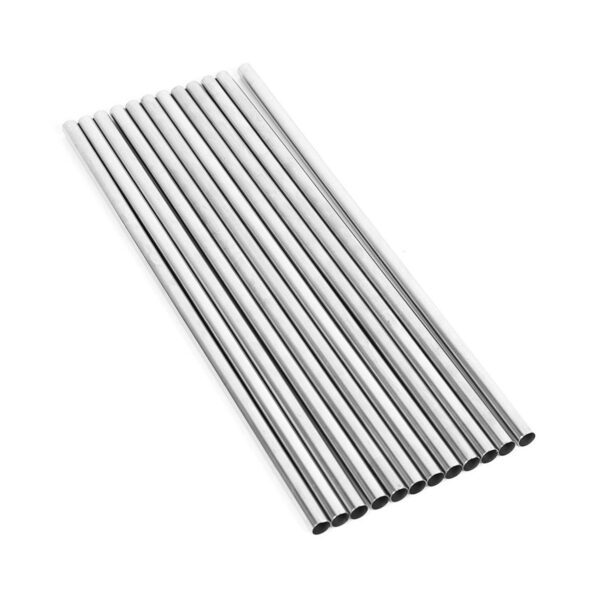 Godox_LST40_013 Ten silver metal drinking straws are arranged in parallel rows inside the Godox LST40 photo tent on a white background.
